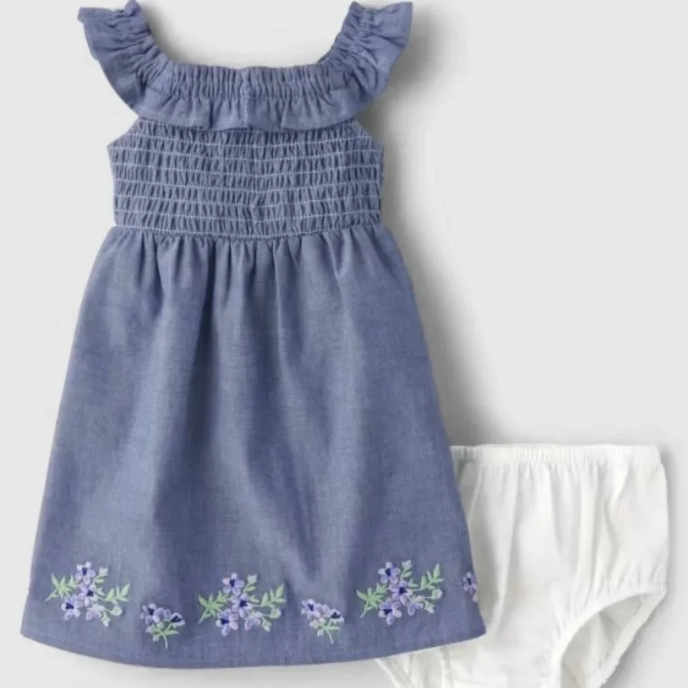 Gymboree Baby Girls 12-18 Months Embroidered Floral Chambray Flutter Dress NWT